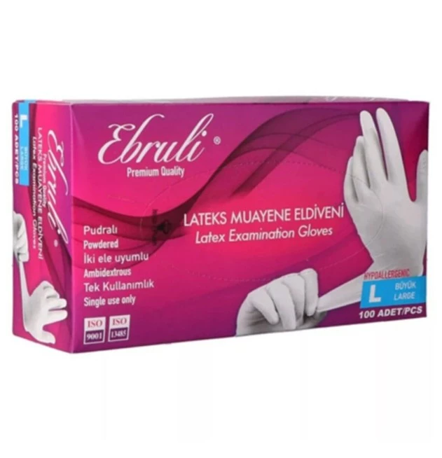 Ebruli Powdered Latex Examination Gloves, Size L 100 Pcs